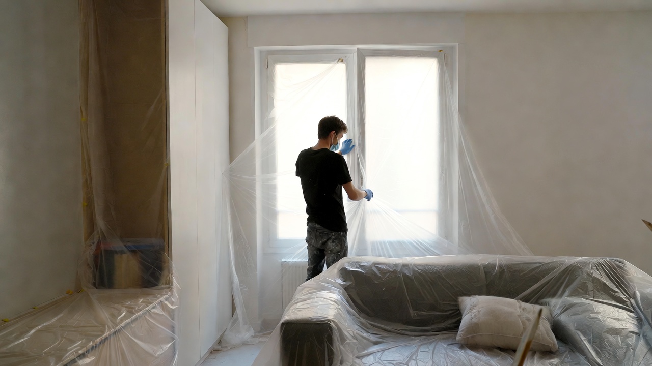 Artisan peintre protégeant et nettoyant un intérieur avec soin